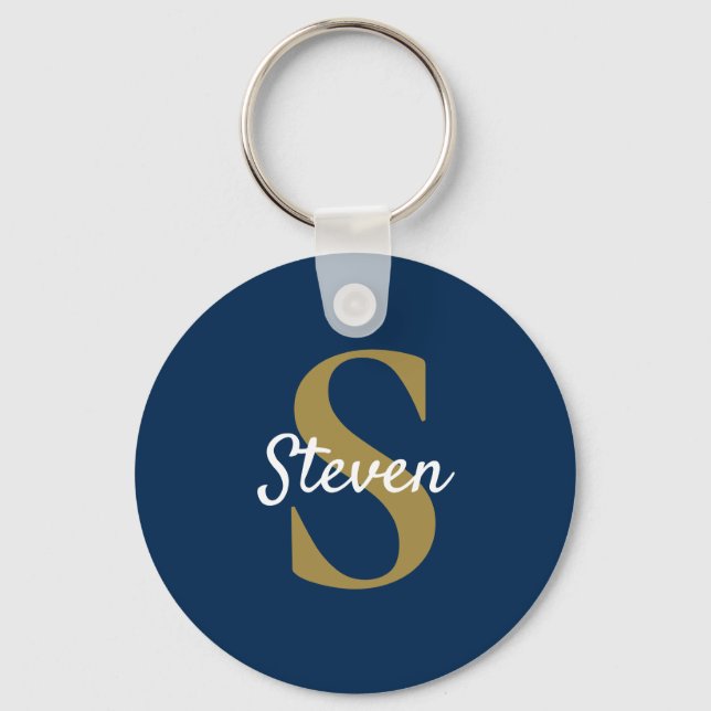 Monogram Navy Blue Gold Personalisiert Name Schlüsselanhänger (Vorderseite)