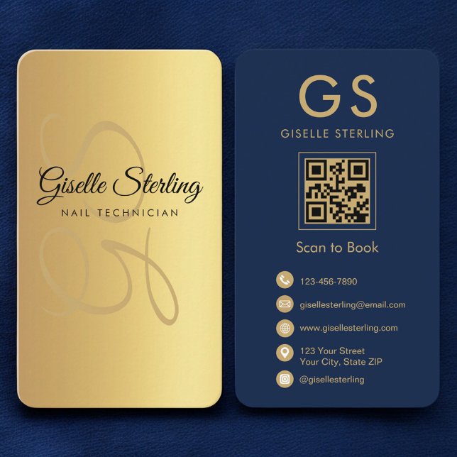 Monogram Navy Blue Gold QR Code für Nageltechniker Visitenkarte (Von Creator hochgeladen)
