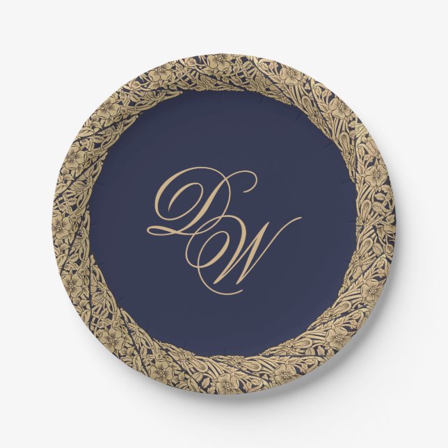 Monogram Navy Blue Gold Rose Script Vintag Pappteller (Vorderseite)