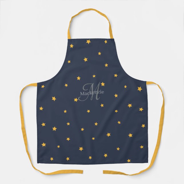 Monogram Navy Blue Gold Stars All-Over Print Schür Schürze (Vorderseite)