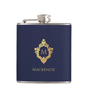 Monogram Navy Blue Imitate Gold Elegantes Vintages Flachmann