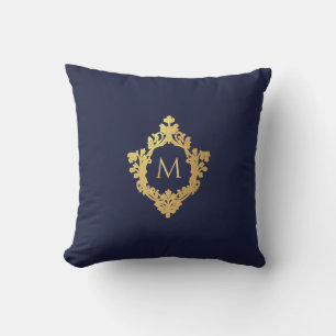 Monogram Navy Blue Imitate Gold Elegantes Vintages Kissen