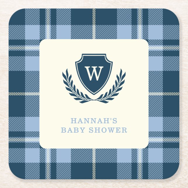 Monogram Navy Blue Kariert Baby Shooting Celebrati Rechteckiger Pappuntersetzer (Vorderseite)