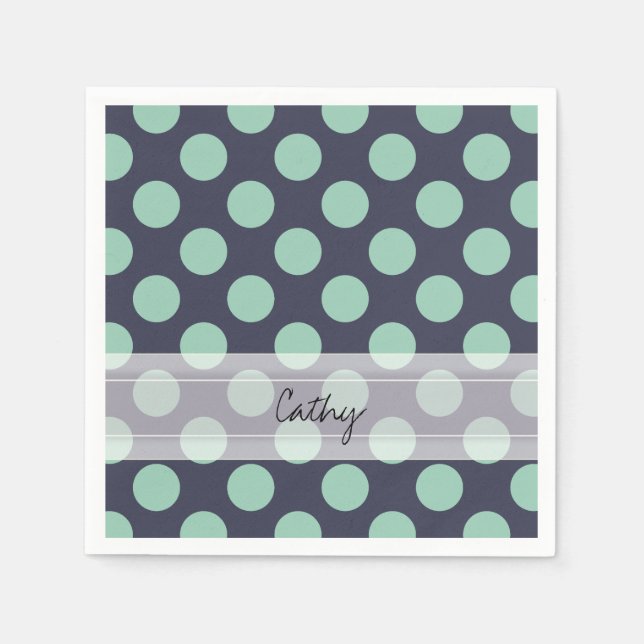 Monogram Navy Blue Minze Green Polka Dot Muster Serviette (Vorderseite)