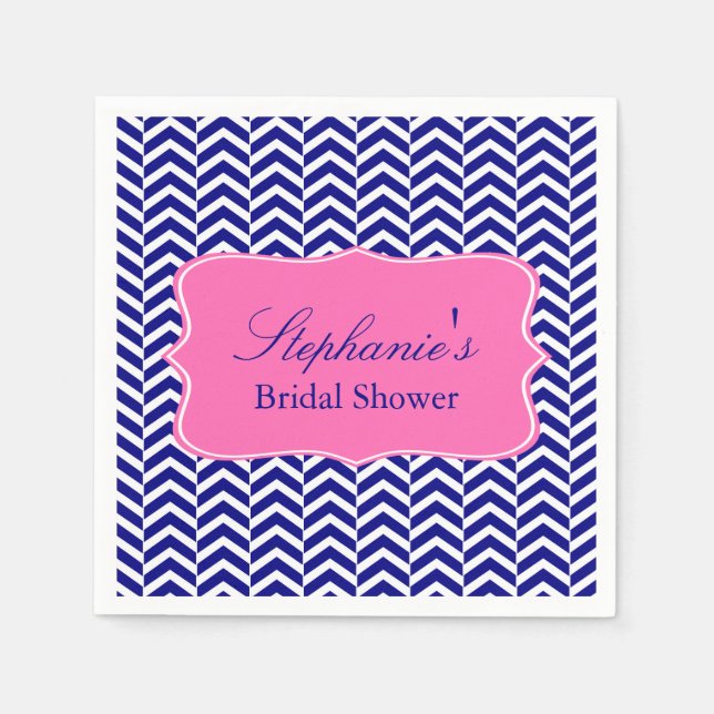 Monogram Navy Blue mit Hot Pink Zickzack Bridal Serviette (Vorderseite)