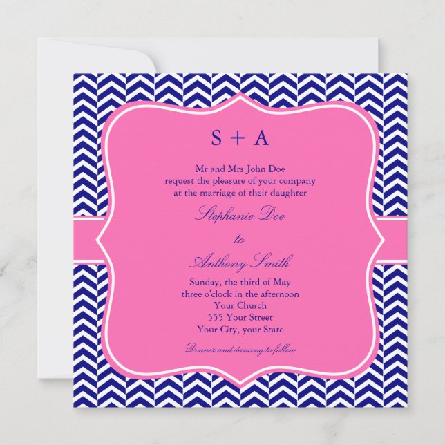 Monogram Navy Blue mit Hot Pink Zickzack Wedding Einladung (Vorderseite)