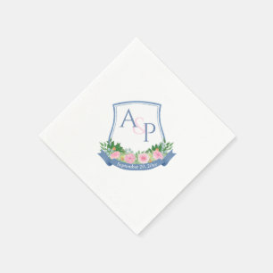 Monogram Navy Blue Pink Roses Wedding Wappen Serviette