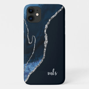 Monogram Navy Blue Silver Glitzer Chic Modern Case-Mate iPhone Hülle