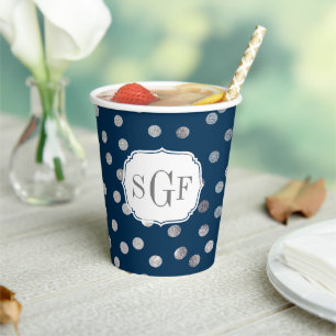 Monogram Navy Blue Silver Glitzer Dot Pattern Pappbecher
