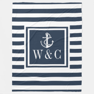 Monogram Navy Blue Strip Nautical Boat Anker Fleecedecke