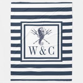 Monogram Navy Blue Stripe Nautisches Seepferd Fleecedecke