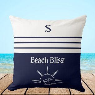 Monogram Navy Blue Stripes Nautic Beach House Kissen