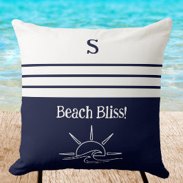 Monogram Navy Blue Stripes Nautical Beach House Kissen