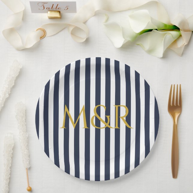 Monogram Navy Blue Stripes Stripte Jubiläum Pappteller (Hochzeit)
