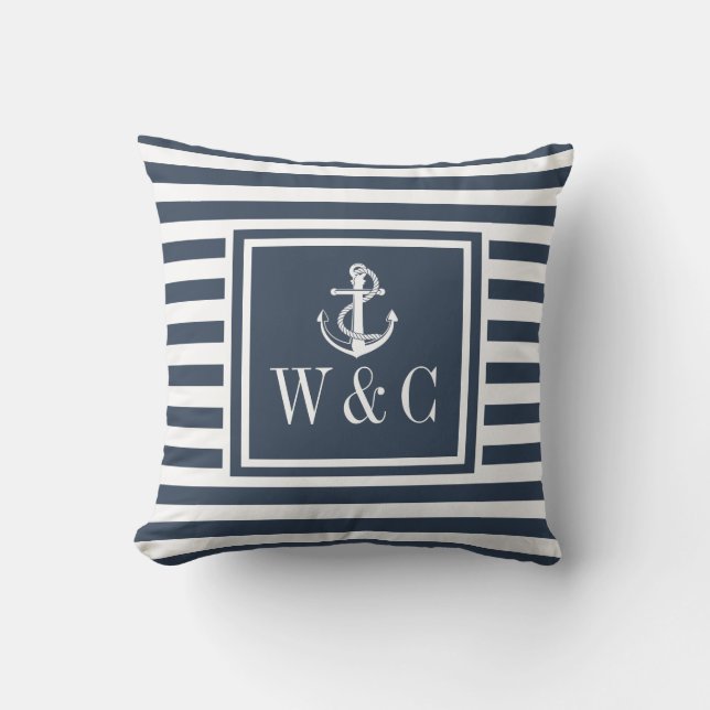Monogram Navy Blue Striping Nautical Anchor Kissen (Vorderseite)