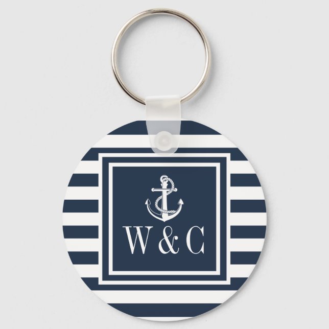 Monogram Navy Blue Striping Nautical Boat Anker Schlüsselanhänger (Vorderseite)