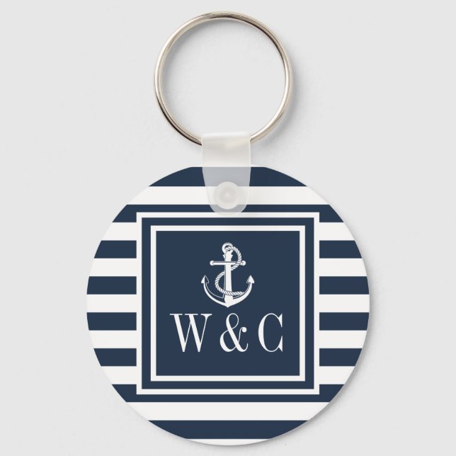 Monogram Navy Blue Striping Nautical Boat Anker Schlüsselanhänger (Vorderseite)