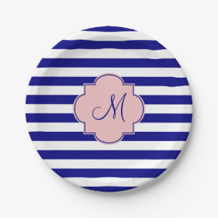 Monogram Navy Blue und Baby Pink Strickmuster Pappteller