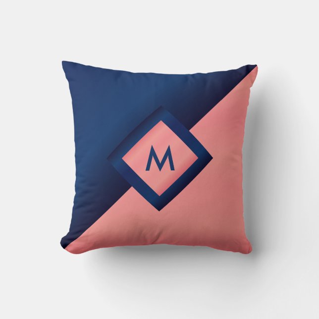 Monogram Navy Blue und Coral Kissen (Vorderseite)