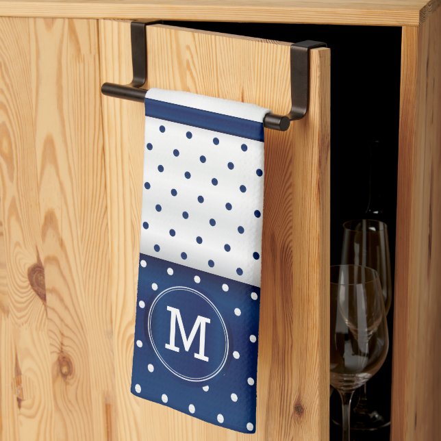 Monogram Navy Blue und White Polka Dot Küchentuch (Drittel gefaltet)
