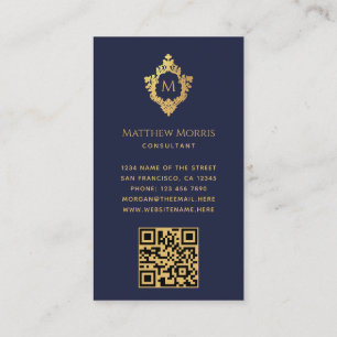 Monogram Navy Blue Vintag Imitats Gold Wappen QR C Visitenkarte