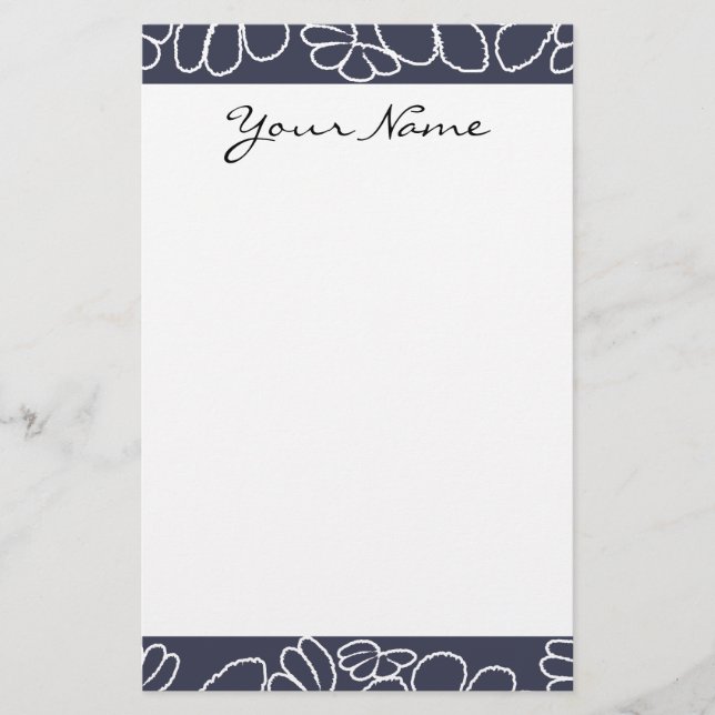 Monogram Navy Blue Whimsical Ikat Floral Muster Briefpapier (Vorderseite)