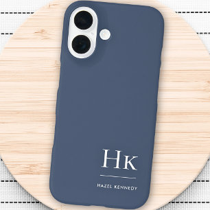 Monogram Navy Blue White Beruflich Elegant iPhone 16 Hülle