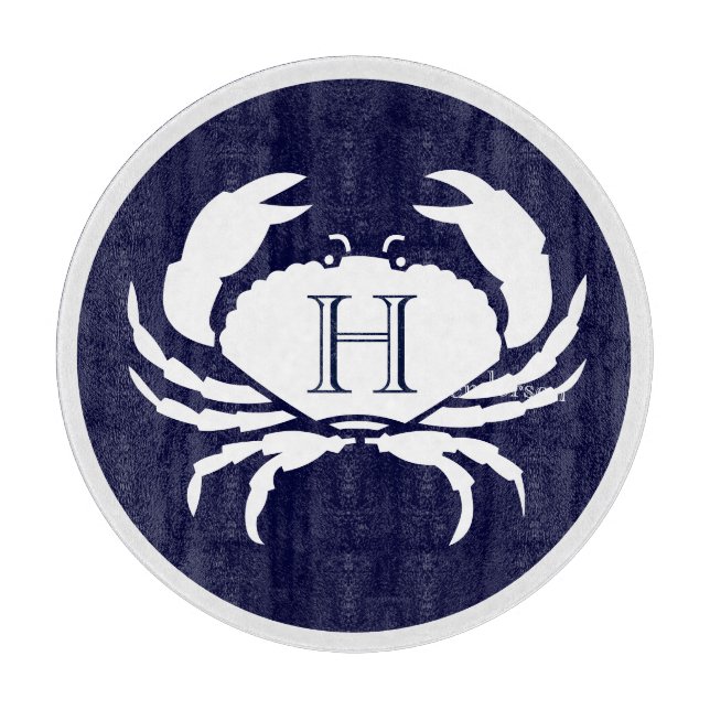 Monogram Navy Blue White Crab Nautic Schneidebrett (Vorderseite)