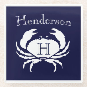 Monogram Navy Blue White Crab Nautical Glass Coa Glasuntersetzer