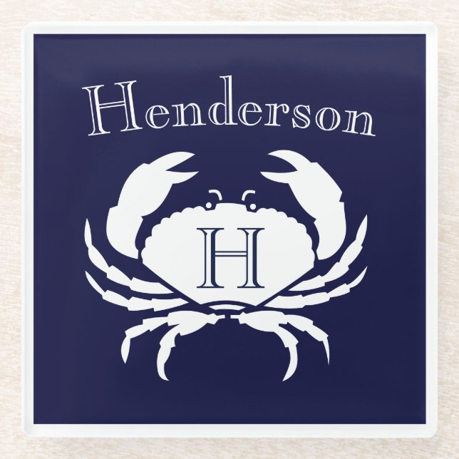 Monogram Navy Blue White Crab Nautical Glass Coa Glasuntersetzer (Vorderseite)