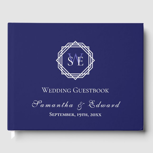 Monogram Navy Blue White Geometric Wedding Gästebuch (Vorderseite)