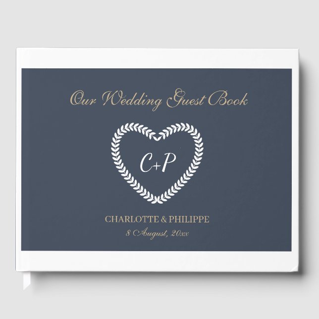 Monogram Navy Blue White Gold Heart Shaping Weddin Gästebuch (Vorderseite)