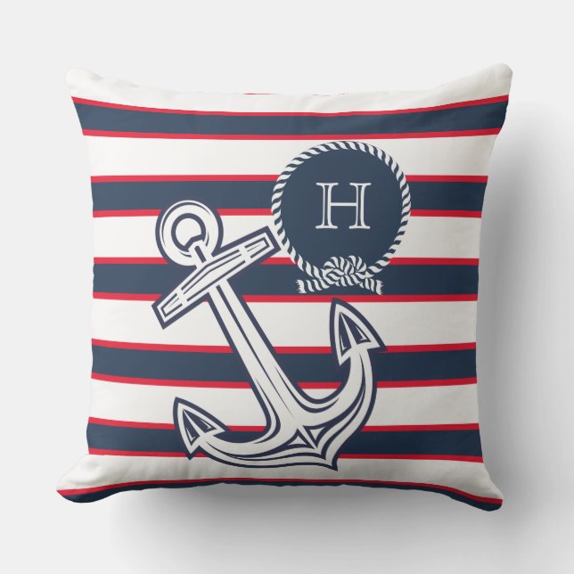 Monogram Navy Blue White Nautic Stripes Kissen (Vorderseite)