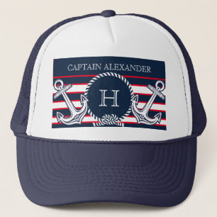 Monogram Navy Blue White Nautic Stripes Truckerkappe