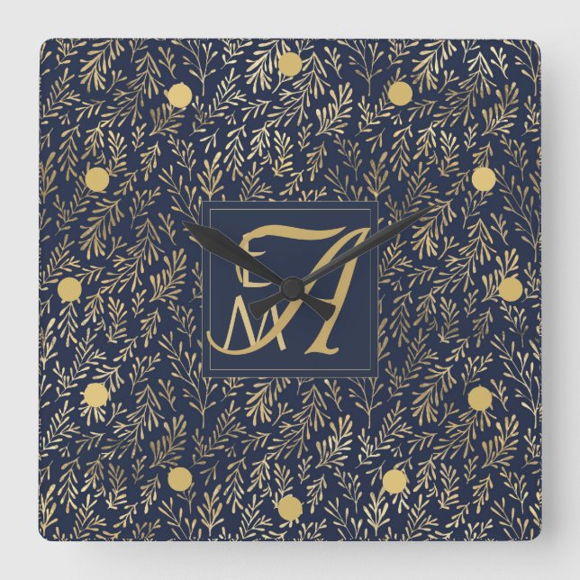 Monogram Navy Gold Leaf New Wohngestaltung Gift Quadratische Wanduhr (Vorderseite)