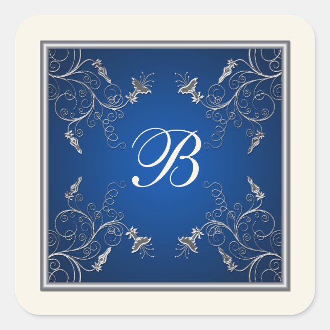Monogram Navy, Ivory und Silver Floral Sticker (Vorderseite)