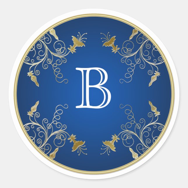 Monogram Navy und Gold Floral Sticker (Vorderseite)