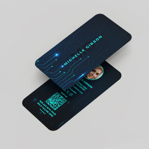 Monogram Neon Blue Tech Moderner Software Engineer Visitenkarte