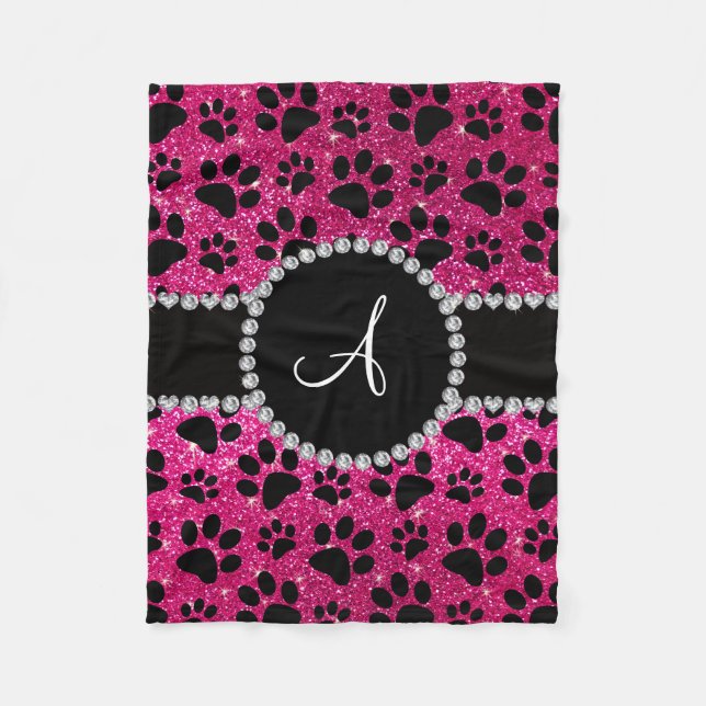 Monogram Neon Hot Pink Glitzer Pfoten Fleecedecke (Vorderseite)