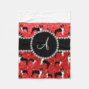 Monogram Neon Red Glitzer Boston Terrier Fleecedecke