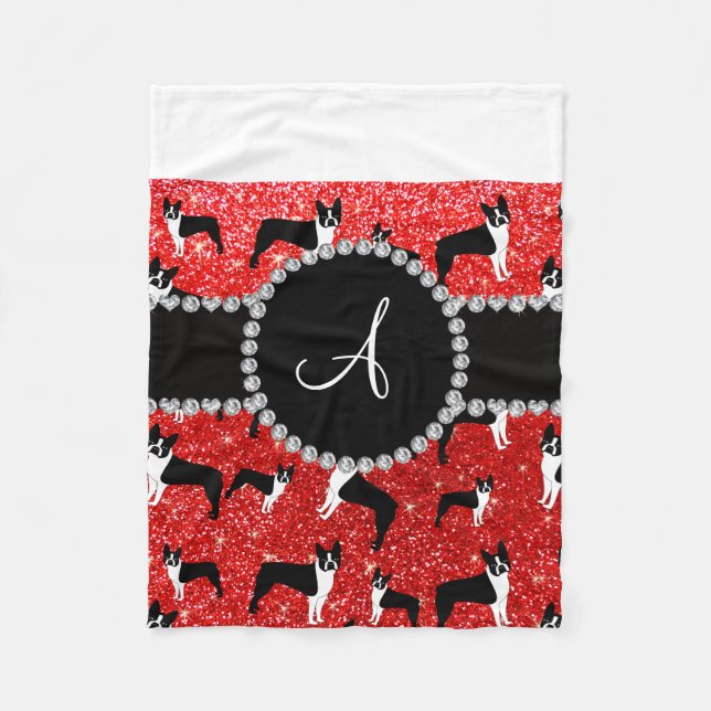 Monogram Neon Red Glitzer Boston Terrier Fleecedecke (Vorderseite)