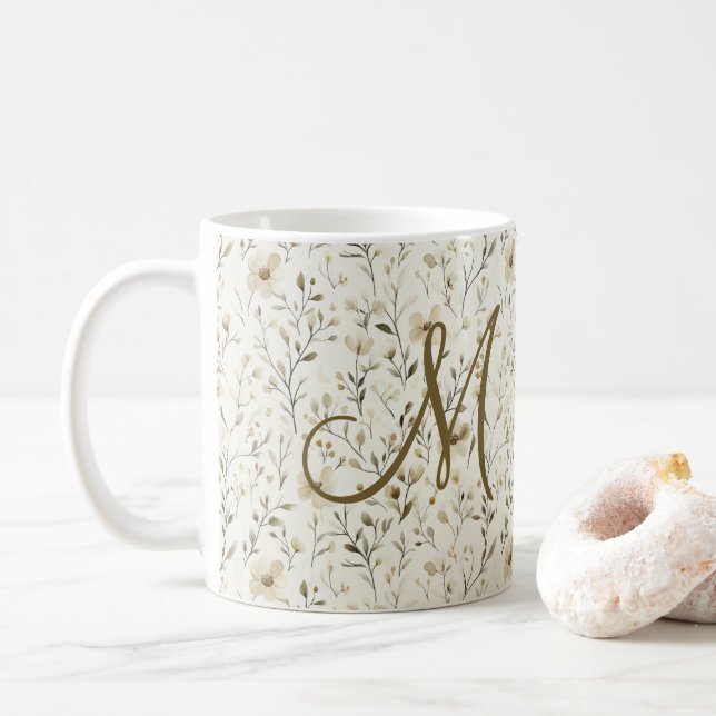 Monogram Neutral Boho Florals Wildflowers Flowers  Kaffeetasse (Mit Donut)