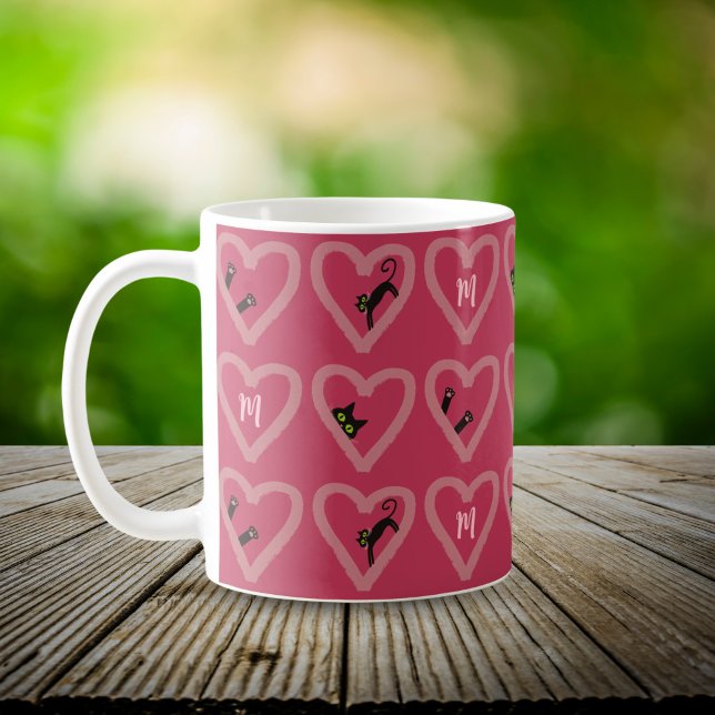 Monogram Niedlich Black Cat Hearts Valentinstag Co Kaffeetasse (Von Creator hochgeladen)