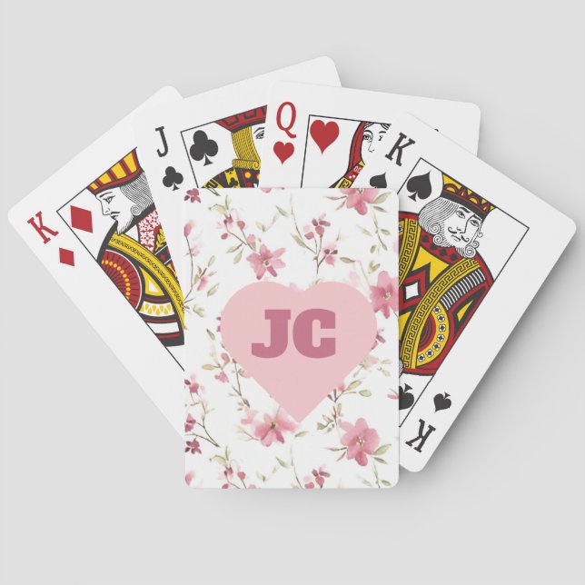 Monogram Niedlich Chic Monogram Pink Floral Shabby Spielkarten (Rückseite)
