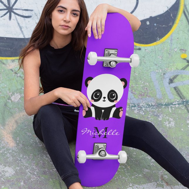 Monogram Niedlich Panda Personalisiert Lila Skateboard (Von Creator hochgeladen)