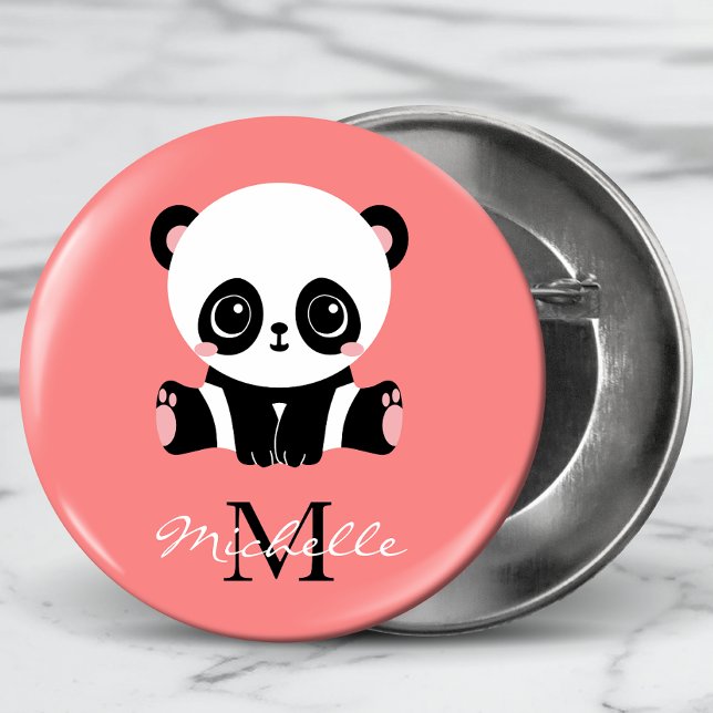 Monogram Niedlich Panda Personalisiert Pink Button (Von Creator hochgeladen)