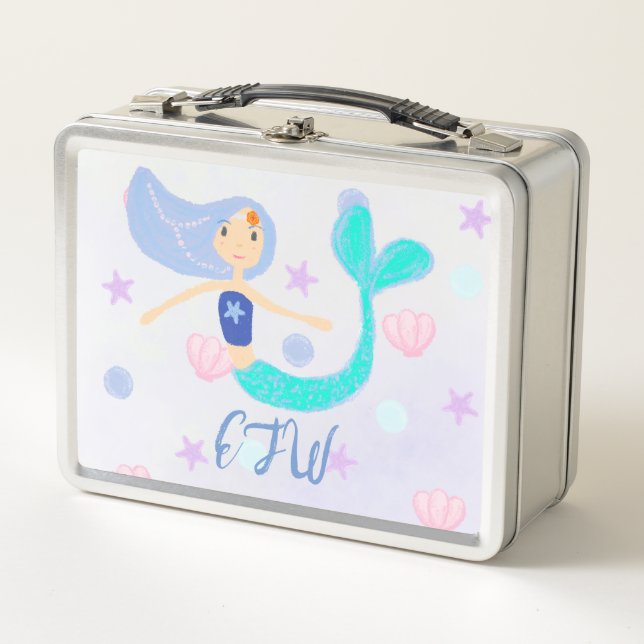 Monogram Niedlich Pastel Periwinkle Mermaid Prince Metall Brotdose (Vorderseite)