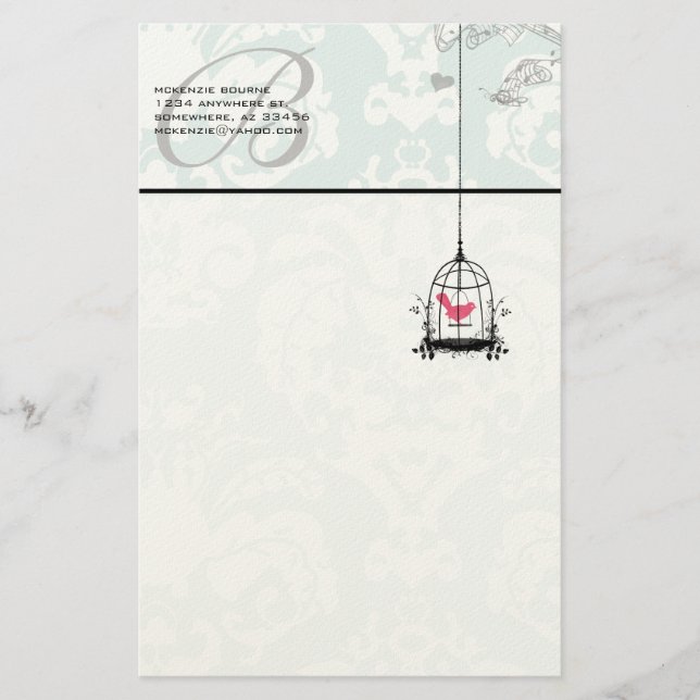 Monogram Niedlich Pink Bird in Birdcage Stationery Briefpapier (Vorderseite)