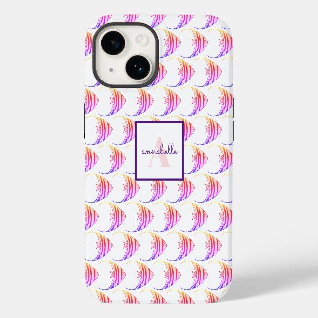 Monogram Niedlich Pink Fish Muster Case-Mate iPhone 14 Hülle (Rückseite)