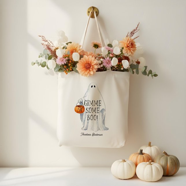 Monogram Niedlicher Halloween-Geist mit Pumpketten Tragetasche (Monogram Cute Halloween Ghost with Pumpkin Pail Tote Bag)